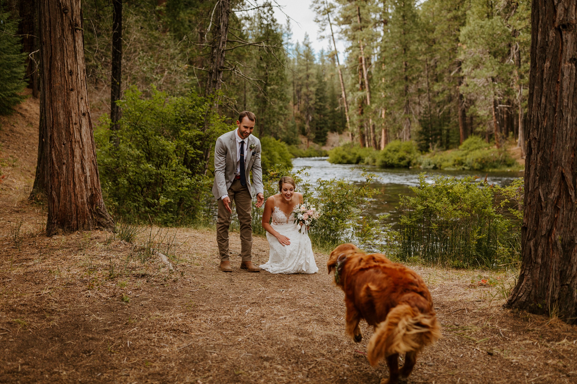 campground wedding central oregon bend outdoor adventure summer golden retriever dog