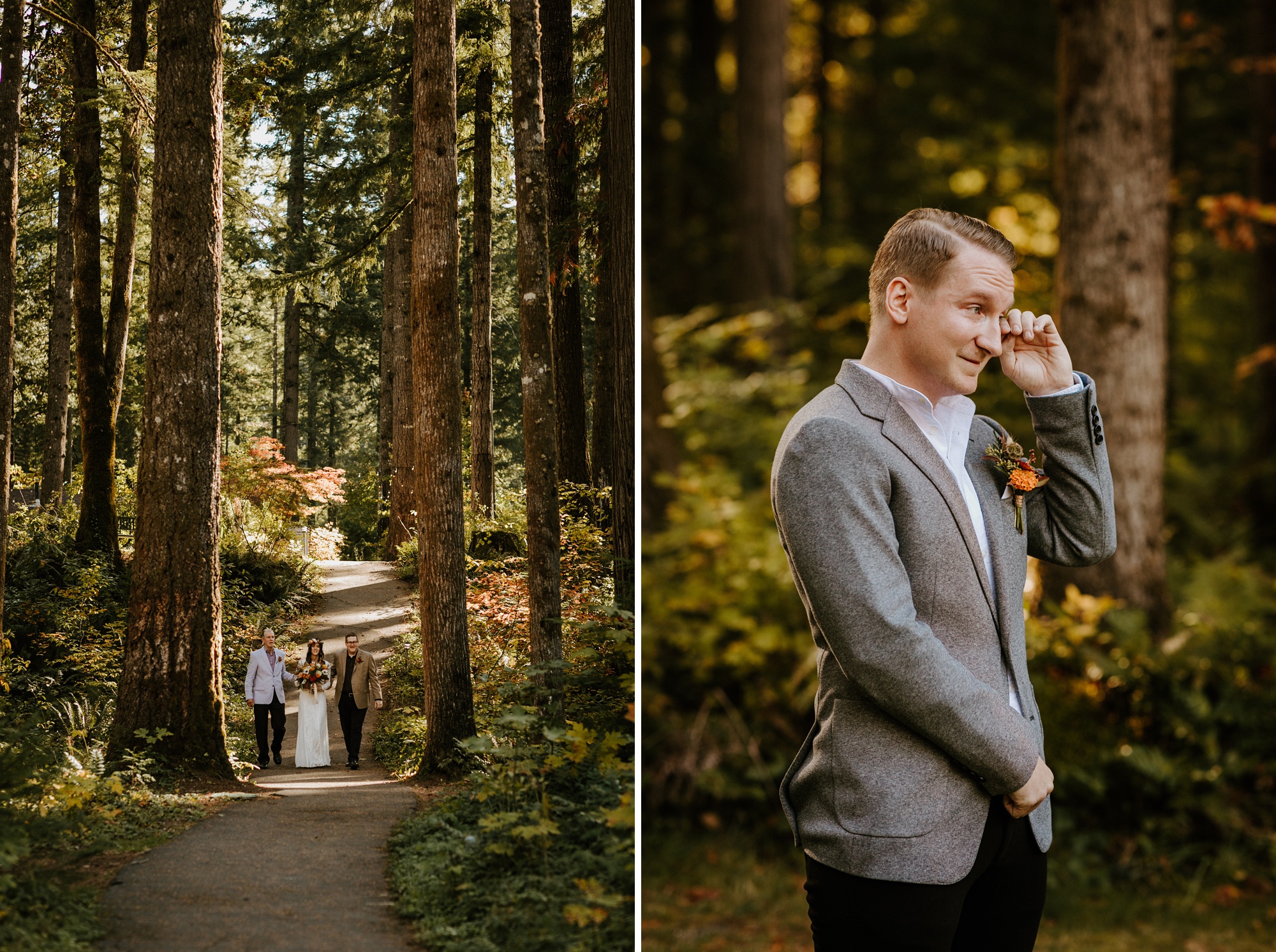 forest wedding loloma lodge oregon fall autumn color florals boho bride victoria carlson photography first look