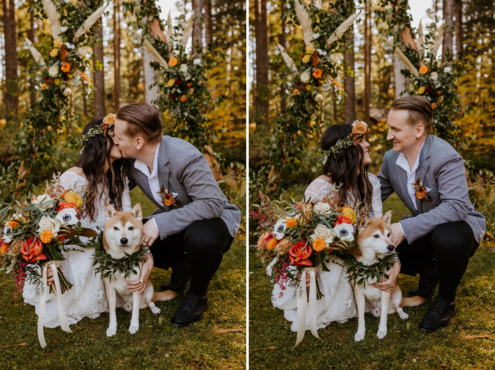 forest wedding loloma lodge oregon fall autumn color florals boho bride victoria carlson photography dog