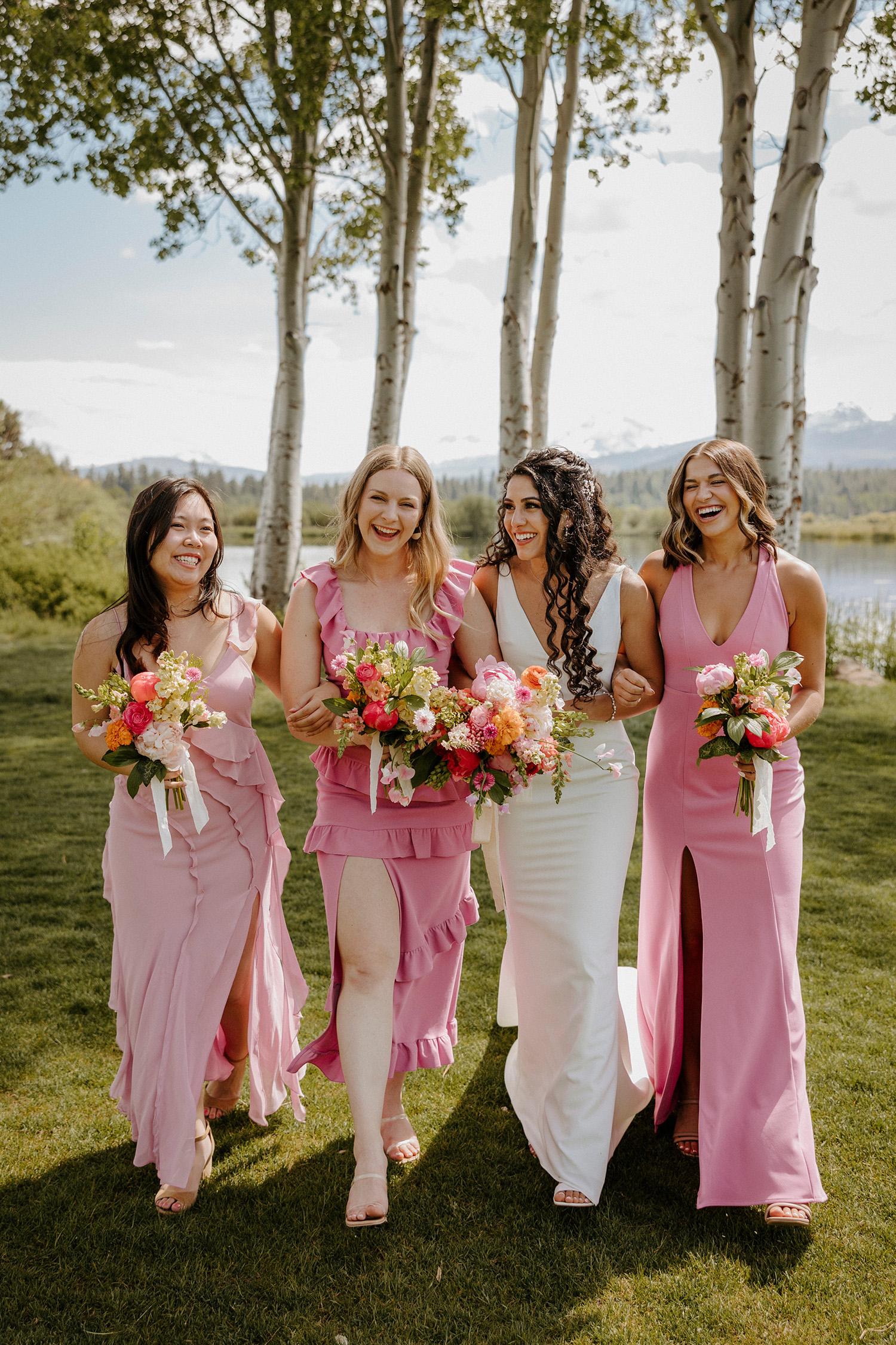 black butte ranch, happy, colorful, summer, wedding, modern, victoria carlson photography, mountains, sisters, oregon, pink, bridesmaids